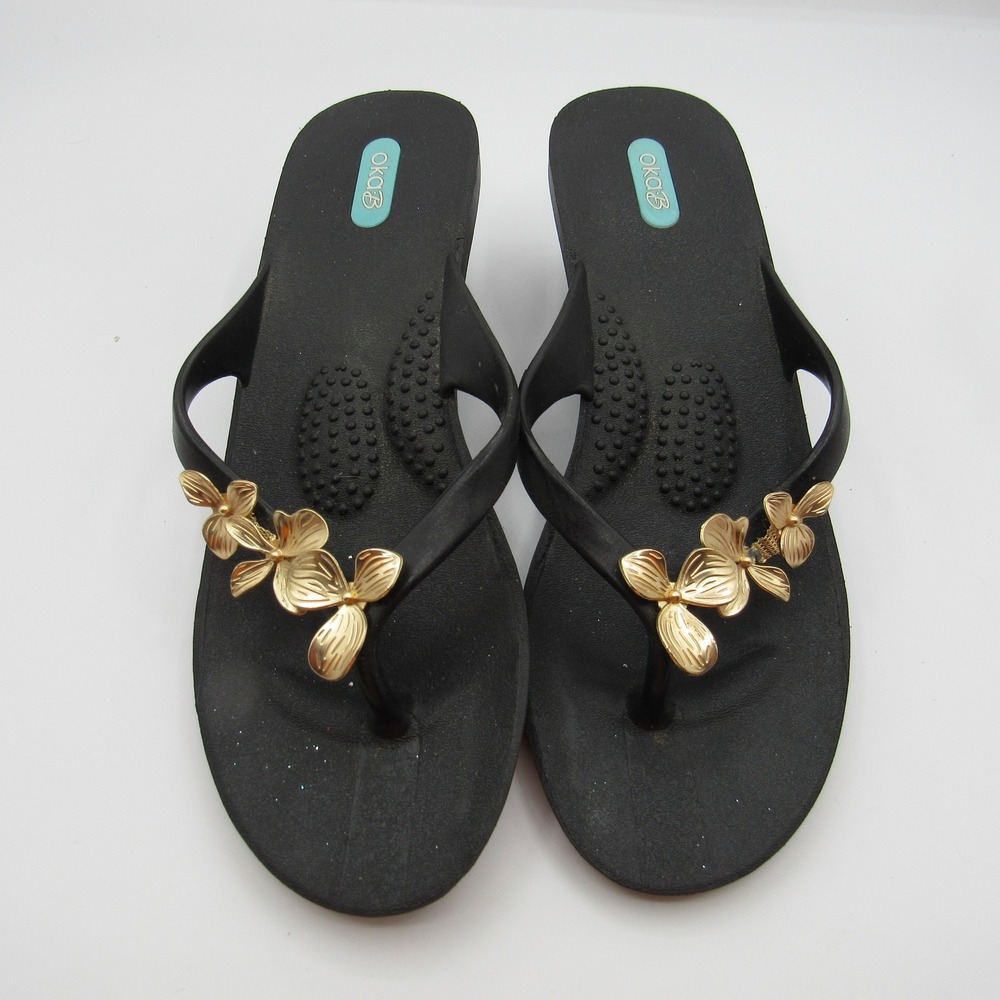 Oka-B Wedge Flip Flop Sandals Womens ML Black Gold Floral Accents